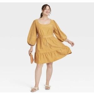 Ava & Viv Bell Sleeve Mustard Knee Length Dress 2X